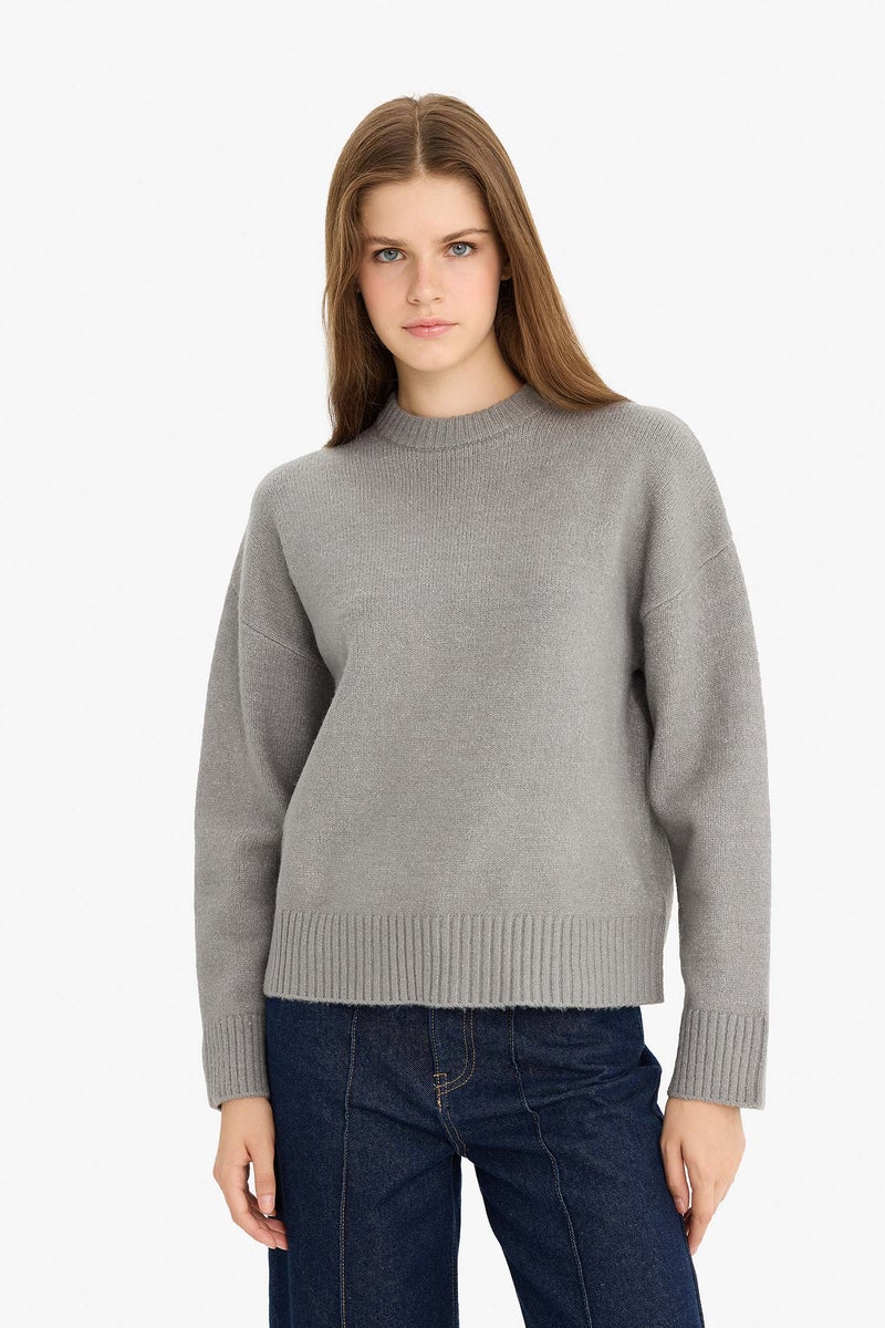 DeFacto Grey Woman Oversize Crew Neck Knit Pullover Casual - Image 3